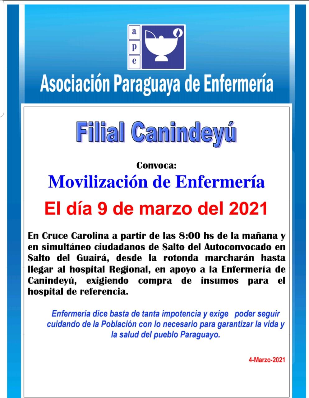 Anuncian movilización de enfermería en Canindeyú