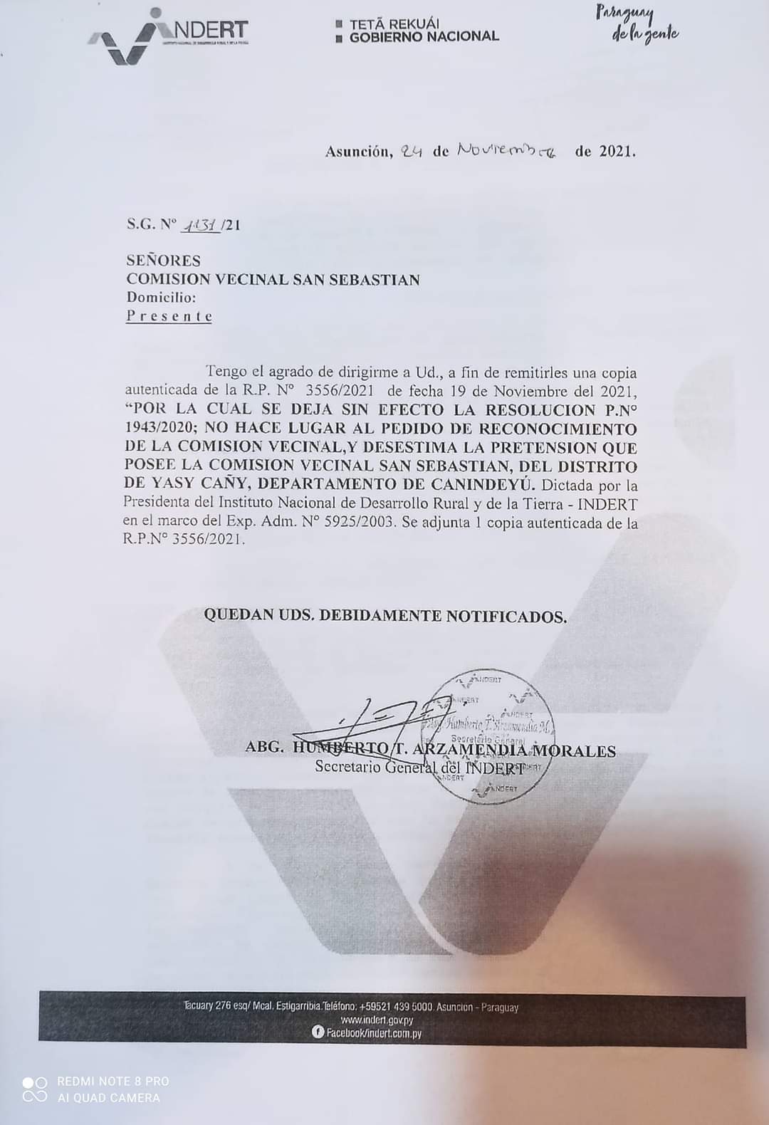INDERT no reconoce a la comisión San Sebastián que ocupa una propiedad en Tacuapí