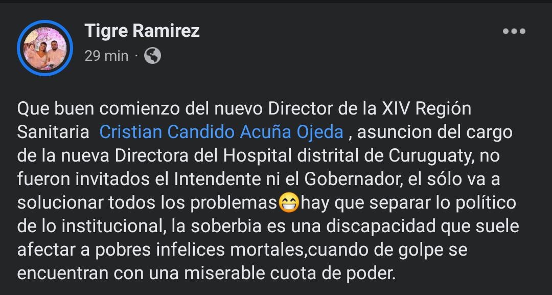 Gobernador expresó malestar por la no invitación a las autoridades para el acto de asunción de la nueva directora del hospital de Curuguaty