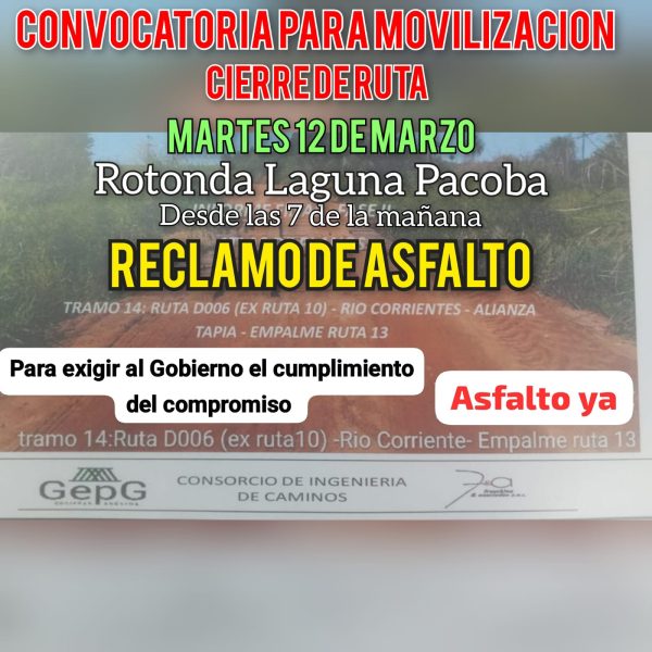 Anuncian manifestación pro-asfalto en Yhú y Yasy Cañy