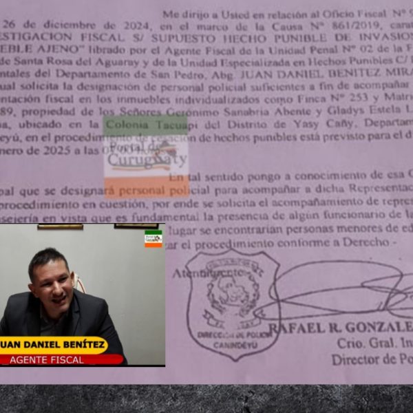 Fiscal Juan Daniel Benítez encabezará mañana desalojo en Tacuapí Yasy Cañy