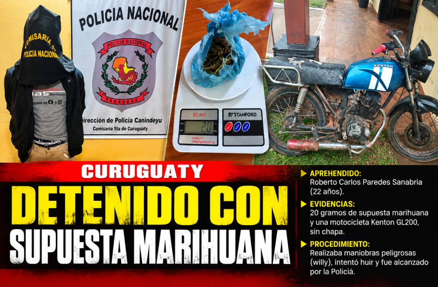 CURUGUATY: HACÍA WILLY EN MOTOCICLETA, INTENTÓ HUIR DE LA POLICÍA Y TERMINÓ DETENIDO CON SUPUESTA MARIHUANA